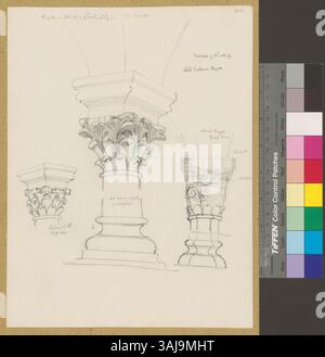 Ce dessin de 1865 de Johann Rudolf Rahn montre les chapiteaux richement décorés de la crypte de la Collégiale de nouveaux Servatius à Quedlinburg, en Allemagne, en se concentrant sur leurs sculptures complexes. Banque D'Images