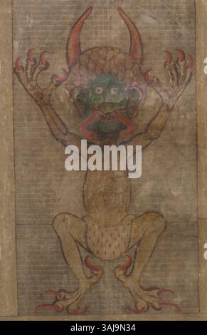 Le Codex Gigas, également connu sous le nom de Bible du diable, est le plus grand manuscrit médiéval au monde. Il présente une grande illustration du diable et a été créé au début du XIIIe siècle au monastère bénédictin de Podlaice, en Bohême. Le manuscrit contient la Bible de la Vulgate et d'autres documents historiques. Banque D'Images