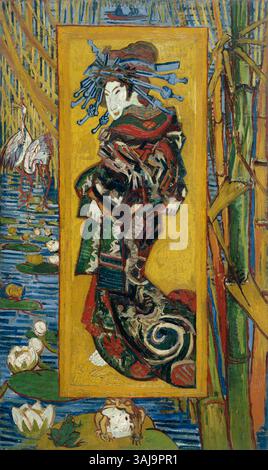 En 1886, Vincent van Gogh crée « Courtesan », inspiré d'une estampe d'une japonaise de Kesai Eisen. La peinture présente un paysage aquatique avec des éléments d'autres estampes japonaises, tels que des roseaux, des grenouilles, des nénuphars, des grues, et un bateau. Cette œuvre reflète la fascination de Van Gogh pour les estampes japonaises. Banque D'Images