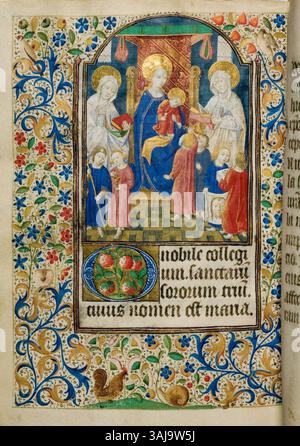 Cette page du Livre des heures (Chartres) représente l'Annonciation, créée entre 1473 et 1477. La peinture détaillée montre le moment biblique de l’ange Gabriel annonçant à Marie qu’elle concevra Jésus. Il s'agit d'une œuvre d'art religieuse logée dans le Nationalmuseum. Banque D'Images
