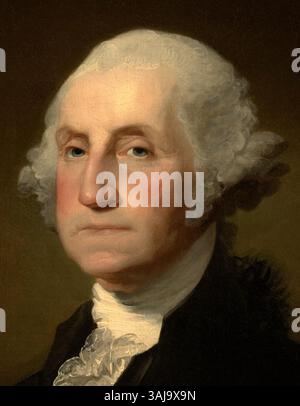 Ce portrait de George Washington a été créé par Gilbert Stuart en 1803. Il s'agit d'une version recadrée du portrait Athenaeum de Stuart, capturant le premier président des États-Unis dans une pose formelle. Peinte à l’huile sur toile, elle est largement reconnue comme l’une des images les plus emblématiques de Washington. Banque D'Images