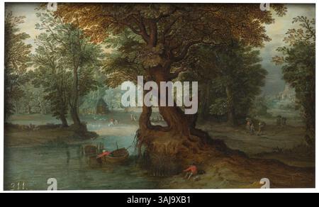 Cette peinture, intitulée 'Forest with a Pond', a été créée par Jan Brueghel le jeune entre 1616 et 1678. Le travail à l'huile sur panneau présente une scène boisée sereine avec un étang, mettant en valeur les paysages détaillés typiques du style de Brueghel. La composition capture la beauté naturelle des forêts, remplies de feuillage vibrant et d'eau calme, reflétant la période baroque flamande. Banque D'Images