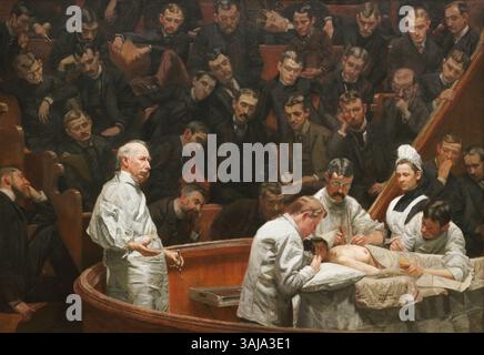 La peinture de Thomas Eakins de 1889, « The Agnew Clinic », représente le Dr Hayes Agnew, un chirurgien renommé, entouré de ses collègues de l'Université de Pennsylvanie. Eakins a capturé l'environnement médical de manière dynamique et réaliste, mettant en valeur un moment majeur dans l'histoire de la chirurgie. Banque D'Images