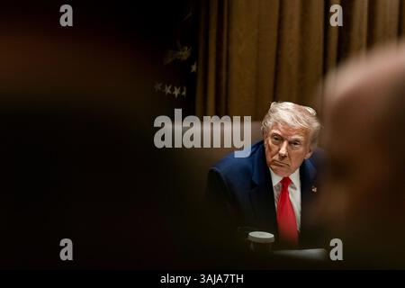 Washington, États-Unis. 10 avril 2025. U. Le président Donald Trump, écoute lors d’une réunion du cabinet à la salle du cabinet de la Maison Blanche, le 10 avril 2025 à Washington, DC la réunion intervient un jour après que Trump a suspendu ses tarifs réciproques mondiaux. Crédit : Molly Roberts/White House photo/Alamy Live News Banque D'Images
