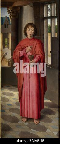 Cette vue rognée de l'aile droite du 'donne Triptyque' de Hans Memling (1478) représente Saint Jean l'évangéliste. Il fait partie du triptyque plus grand, qui comprend la Vierge Marie, Christ enfant, et d'autres figures bibliques. Banque D'Images