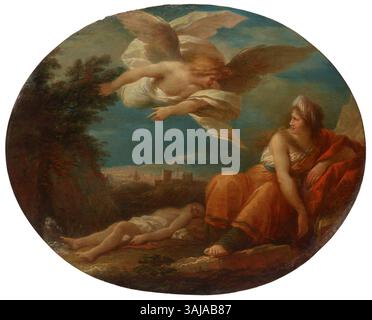 L'huile sur panneau de Giuseppe Cades, 'Agar et l'Ange dans le désert de Beersheba', illustre une scène biblique de l'ancien Testament. La peinture capture le moment où Agar est guidé par un ange. Banque D'Images