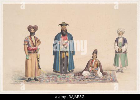 Shah Shoojau ool Moolk, ou Shuja Shah Durrani, gouvernait l'Empire Durrani. Cette lithographie de 1843 le représente en tenue afghane traditionnelle, créée par Charles Haghe pour le livre 'Character & costumes of Afghanistan'. Banque D'Images