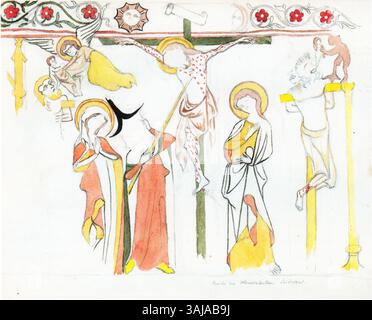 Un dessin de Johann Rudolf Rahn, intitulé 'Crucifixion' de 1877, représentant la scène de crucifixion à l'église Arbogast à Oberwinterthur. L'œuvre capture l'intensité émotionnelle de cet événement biblique. Banque D'Images