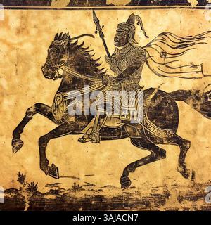 Le tableau « Chevalier arabe à cheval » datant d'environ 1550 représente un cavalier en tenue arabe traditionnelle, monté sur un cheval, reflétant l'importance culturelle de l'équitation et des prouesses militaires dans le monde arabe. L'œuvre est tirée du Hajj et des Arts du pèlerinage, soulignant le rôle des chevaux dans la culture islamique au XVIe siècle. Banque D'Images