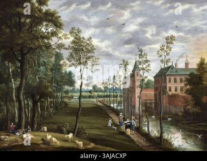 La peinture d'Izaak van Oosten « paysage avec des figures élégantes se promenant près d'un domaine », créée entre 1652 et 1661, dépeint un paysage serein avec des figures raffinées marchant près d'un domaine majestueux. L'œuvre est un bel exemple de peinture de paysage baroque hollandais. Banque D'Images