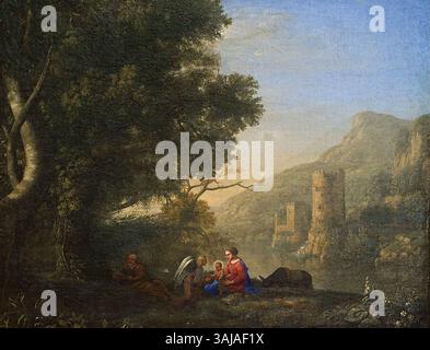 Le tableau de Claude Lorrain de 1639 « repos sur la fuite en Égypte » représente la Sainte famille qui se repose pendant leur voyage. La peinture de paysage, conservée au Raclin Murphy Museum of Art, est une œuvre exemplaire de l'art baroque, capturant le moment serein au milieu de la nature. Banque D'Images