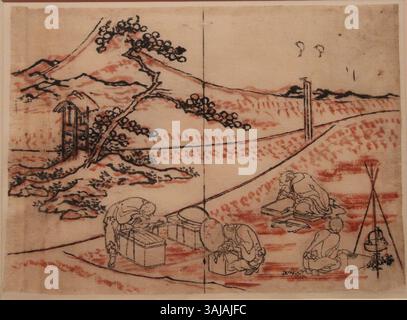 Le dessin préparatoire de Katsushika Hokusai datant des environs de 1834 montre un artiste qui se prépare à esquisser le mont Fuji dans le cadre de sa série *cent vues du mont Fuji*. Le dessin utilise de l'encre de Inde et du pigment rouge, mettant en valeur le processus préparatoire de Hokusai. Banque D'Images