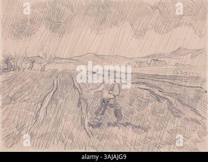 Le dessin « la pluie » de Vincent van Gogh, réalisé en 1890, représente un semeur travaillant dans un champ clos pendant la pluie. Créée au crayon et à la craie, cette pièce fait partie de la collection Museum Folkwang. Il est catalogué F1550 par faille et JH1897 par Hulsker. Banque D'Images