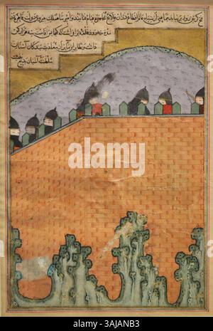 Cette peinture de Zafarnama de 1436 illustre le château de Gortin en Géorgie, préparé pour le siège de Timur pendant le mois de Mouharram. La composition met en évidence les fortifications militaires et les préparatifs stratégiques faits pour le siège. Banque D'Images