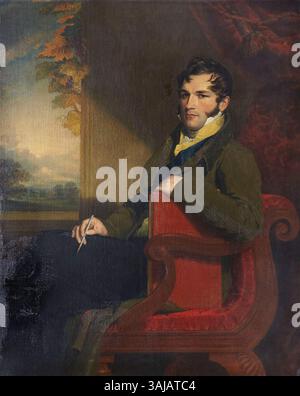 Ce portrait de Samuel William Reynolds représente Léopold Ier de Belgique assis dans un fauteuil avec un crayon à la main, créé avant 1835. La peinture à l'huile sur toile fait partie de la Collection Royale de Belgique, représentant une image historique du monarque belge. Banque D'Images