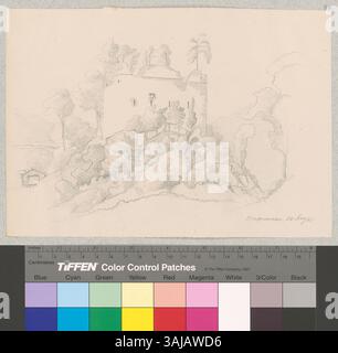 Ce dessin de 1861 de Johann Rudolf Rahn montre une vue extérieure des ruines du château d'Unspunnen à Steini/Wilderswil, en Suisse, en soulignant ses caractéristiques architecturales. Banque D'Images