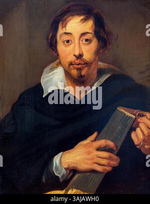 Ce portrait anonyme du cercle de Simon de vos représente un inconnu accordant son luth. Le tableau, créé entre 1595 et 1650, met en lumière le focus du sitter et la culture musicale de l’époque. C'est une huile sur panneau. Banque D'Images