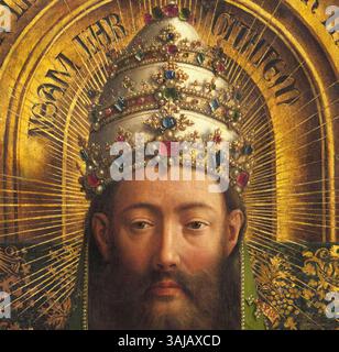 Un détail de Jan van Eyck 'L'Adoration de l'Agneau' (1432), montrant la figure de Dieu/Jésus. Cette huile sur panneau a été créée à l'origine pour la cathédrale de Bavo à Gand et fait partie du célèbre retable de Gand. Banque D'Images