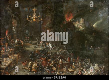 Attribué à Jan Brueghel le jeune, ce tableau, qui fait partie de la série « les quatre éléments », représente le feu comme l'un des éléments essentiels, peint à l'huile sur cuivre entre 1620 et 1670. Banque D'Images
