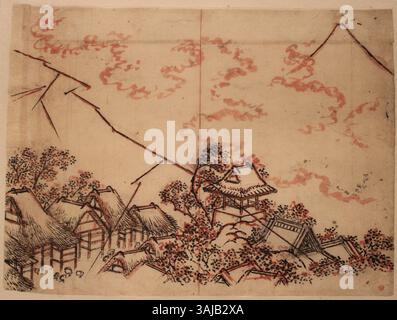 Ce dessin préparatoire de Katsushika Hokusai datant des environs de 1834 montre le mont Fuji sous une tempête nocturne. Dans le cadre de sa série *cent vues du mont Fuji*, le dessin utilise de l'encre de Inde et du pigment rouge. Banque D'Images