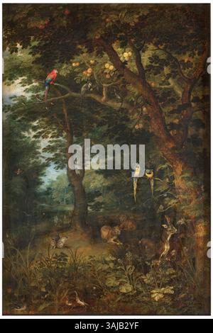 Le Paradis terrestre de Jan Brueghel le jeune (vers 1620) dépeint un paysage représentant le concept de paradis sur terre. La peinture à l'huile sur panneau présente des scènes de nature luxuriantes et idylliques aux accents symboliques, abritées dans le Museo del Prado. Banque D'Images