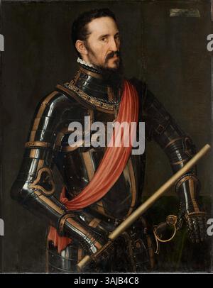 Ce portrait de 1557 par Antonis Mor capture Fernando Álvarez de Tolède, le 3e duc d'Alba, connu pour son leadership militaire et politique. Le portrait fait partie de la collection de la Société hispanique, avec une version précédente conservée au Musée Royal des Beaux-Arts de Bruxelles. Banque D'Images