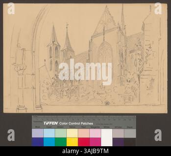 Ce dessin de 1857 de Johann Rudolf Rahn représente la vue extérieure de l'église du monastère bénédictin de Huysburg, située en Suisse. Le dessin se concentre sur les détails architecturaux de l'église. Banque D'Images