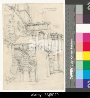 Ce dessin de 1902 de Johann Rudolf Rahn montre une vue de la ville de Payerne, en Suisse, en mettant l'accent sur son architecture historique et son paysage. Banque D'Images