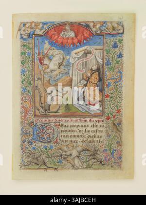 Ce manuscrit enluminé de 1443 à 1445, attribué au maître Dunois, représente Saint Michel vaincu le dragon. Faisant partie des heures de Prigent de Coëtivy, il présente une utilisation complexe d'encre, de pigments et de feuilles d'or sur parchemin, hébergé à la bibliothèque Chester Beatty. Banque D'Images
