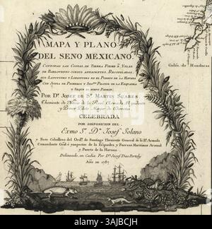 Une carte du golfe mexicain et des Caraïbes, créée par José de San Martín Suárez, montre les côtes, les îles et les latitudes. La carte a été publiée vers 1787 et comprend diverses caractéristiques côtières. Banque D'Images