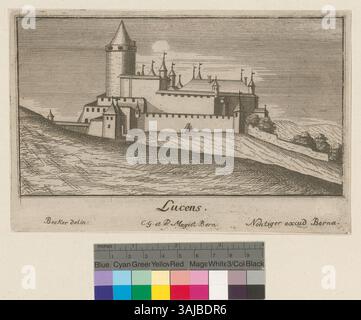 Cette gravure représente la ville de Lucens, réalisée entre 1741 et 1743 par Johann Ludwig Nöthiger. L'estampe faisait partie d'une série de vues de châteaux bernois, Nöthiger ayant obtenu des droits exclusifs par le conseil bernois. L'œuvre est connue pour sa représentation précise de Lucens et de son architecture environnante. Banque D'Images