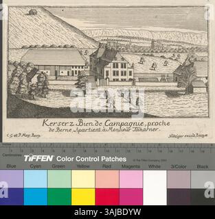 Cette estampe du XVIIIe siècle montre une scène intitulée 'Kerserz : bien de Campagnie', située près de Berne, en Suisse. Il a été produit entre 1741 et 1743 par un artiste anonyme, avec Johann Ludwig Nöthiger comme éditeur. L'estampe a été commandée à l'origine par le gouvernement bernois et représente des vues des châteaux bernois. Cette gravure fait partie d'une collection de la Zentralbibliothek Zürich. Banque D'Images