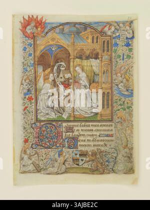 Ce manuscrit enluminé de 1443-1445, attribué au Maître Dunois, présente la scène de l'Annonciation, où l'Ange Gabriel annonce la naissance de Jésus à la Vierge Marie. Il fait partie des heures de Prigent de Coëtivy et est logé à la bibliothèque Chester Beatty. Banque D'Images