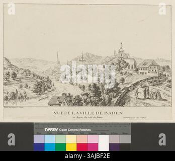 Cette gravure de contour de 1770-1800 montre une vue de la ville de Baden dans la région d'Argau, avec un accent sur ses célèbres bains publics et le paysage environnant. Banque D'Images