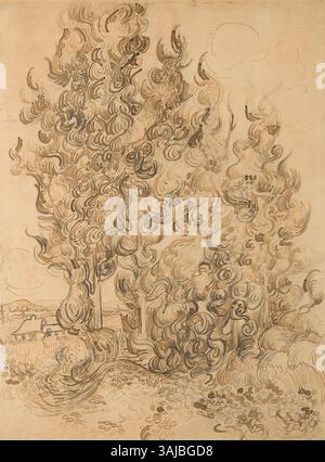 'Cyprès', un dessin de Vincent van Gogh de juin 1889, utilise un stylo, un stylo à roseaux, des encres brunes et du graphite sur du papier tissé buff. L'œuvre met en valeur les lignes tourbillonnantes caractéristiques de van Gogh, représentant les cyprès emblématiques du sud de la France. Banque D'Images