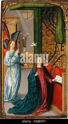Ce tableau, attribué au cercle de Jan Provoost, représente l'Annonciation à Marie, datant de 1490 à 1499. Il dépeint la scène biblique de l'annonce de l'ange Gabriel à la Vierge Marie. Banque D'Images