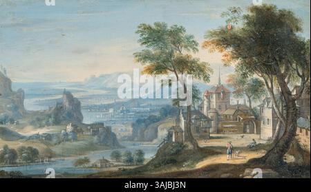 Peinture à l'huile sur cuivre de Jan Frans van Bredael, représentant un paysage montagneux avec une ville située le long d'une rivière, peinte entre 1676 et 1705. Banque D'Images