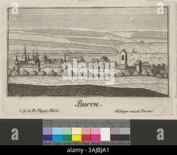 Représentation de Buren vers 1741 par Johann Ludwig Nöthiger, estampe et gravure avec vue sur les châteaux bernois. Cette œuvre fait partie d'une série commandée par le gouvernement de Berne, accordant à Nöthiger le droit exclusif de publier des vues des châteaux de Berne. La gravure montre la ville et ses environs avec une précision détaillée, reflétant le style et les techniques de l'époque. Banque D'Images