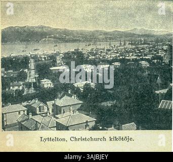 Cette photographie des années 1880 réalisée par Andreas Reischek capture les paysages de Lyttelton, en Nouvelle-Zélande. Il offre un aperçu du paysage du pays à la fin du XIXe siècle, montrant l'environnement naturel et l'architecture de l'époque. Banque D'Images
