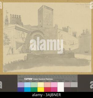 Ce dessin de 1866 de Johann Rudolf Rahn montre la Porta S. Lorenzo, une porte historique importante, mettant en évidence ses caractéristiques architecturales et son design. Banque D'Images