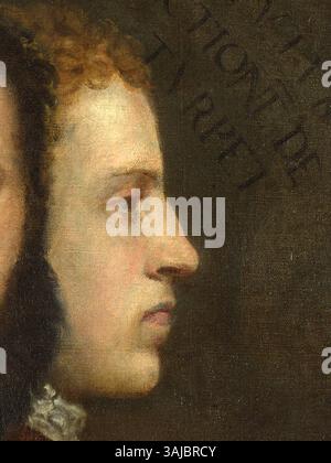 Cette peinture à l'huile de Titien datant de 1550, « allégorie du temps gouvernée par prudence », montre les trois âges de l'homme : la jeunesse, la maturité et la vieillesse. L’autoportrait de Titien apparaît à gauche, avec son fils Orazio et son cousin Marco Vecellio à droite. Une bête à trois têtes symbolise la prudence. Banque D'Images