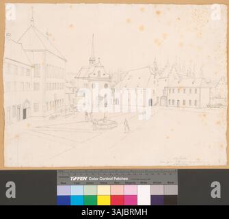 Cette illustration de 1861 de Johann Rudolf Rahn montre la cour de l'abbaye bénédictine de Rheinau, en Suisse, vue depuis le réfectoire. Banque D'Images