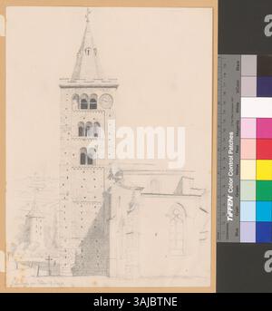 Ce dessin de 1861 de Johann Rudolf Rahn représente une vue extérieure de la cathédrale de Sion (Sitten), en Suisse, mettant en évidence ses caractéristiques architecturales et son importance historique. Banque D'Images