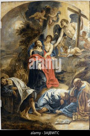La peinture de Jacob Jordaens, « L'agonie du Christ dans le jardin de Gethsémani », dépeint le moment dramatique de la souffrance du Christ avant sa crucifixion. Créée entre 1608 et 1640, l'huile sur panneau illustre l'habileté de Jordaens à rendre l'intensité émotionnelle et l'iconographie religieuse. Banque D'Images