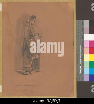Ce dessin de 1867 de Johann Rudolf Rahn montre la conception du costume d'une figure de Sonnino, Naples et Rome, donnant un aperçu des styles vestimentaires historiques. Banque D'Images