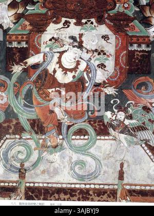 Cette œuvre de la dynastie Tang (vers 800 av. J.-C.) représente un oiseau mythique, peut-être le Kalavika ou Kinnara, jouant d'un pipa, avec un danseur jouant du tambour. La scène se trouve dans les grottes de Yulin, montrant des influences bouddhistes de la période Middle Tang. Banque D'Images