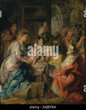 « L'Adoration des Mages » de Pierre Paul Rubens, peinte vers 1626, est une représentation dynamique et expressive des trois Mages présentant des cadeaux à l'enfant Jésus. L'huile sur panneau de peinture est dans une collection privée. Banque D'Images