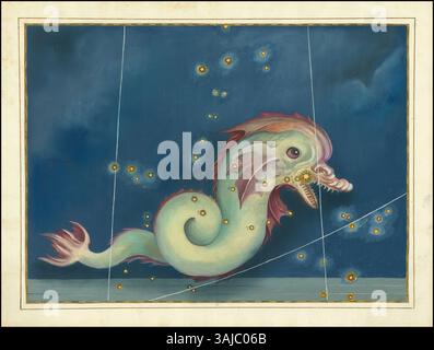 La carte céleste de Johann Bayer datant de 1603 présente la constellation de Piscis Austrinus, également connue sous le nom de poisson du Sud. La carte stellaire représente l'un des premiers efforts pour cartographier les étoiles et les constellations. Banque D'Images