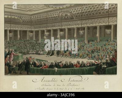 Gravure historique de la session de l'Assemblée nationale à Versailles dans la nuit du 4 au 5 août 1789, représentant la renonciation à tous privilèges. La gravure, réalisée par Charles Monnet et Isidore Helman, capture ce moment charnière de la Révolution française. Banque D'Images
