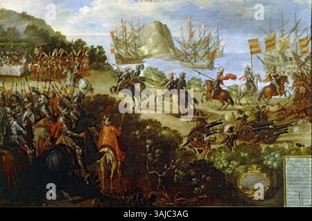 Ce tableau du XVIIe siècle représente le moment historique de l'arrivée de Hernán Cortés à Veracruz et de la réception par les ambassadeurs de Moctezuma. Il capture l'événement important lors de la conquête espagnole de l'Empire aztèque. Banque D'Images